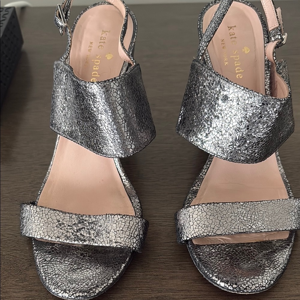 Kate Spade Silver Metallic Sandals with Chunky Heel